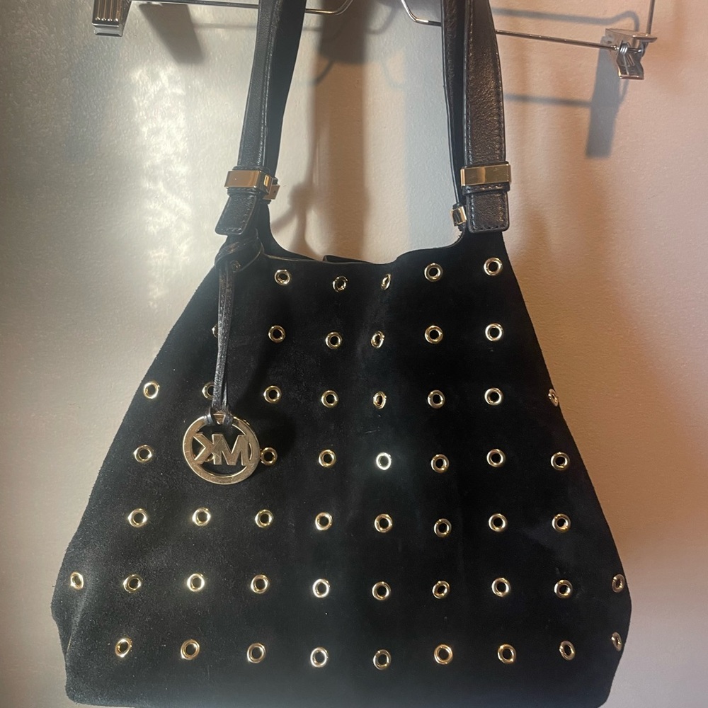 Michael Kors Black Suede 'Colgate' Bucket Bag with Gold Eyelet Accents